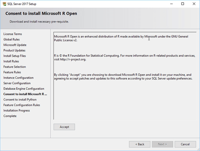 Screen Capture 17 - Description: You must give your consent to install Microsoft R Open and Python.