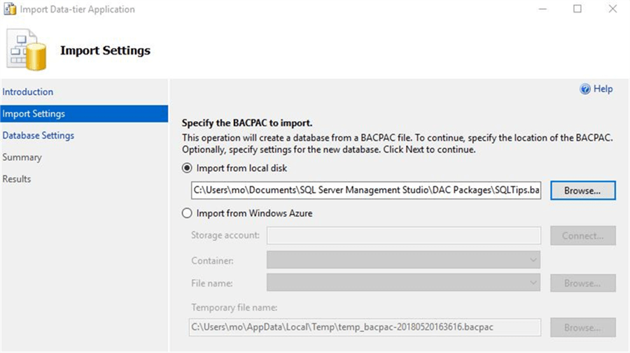 Import BACPAC file