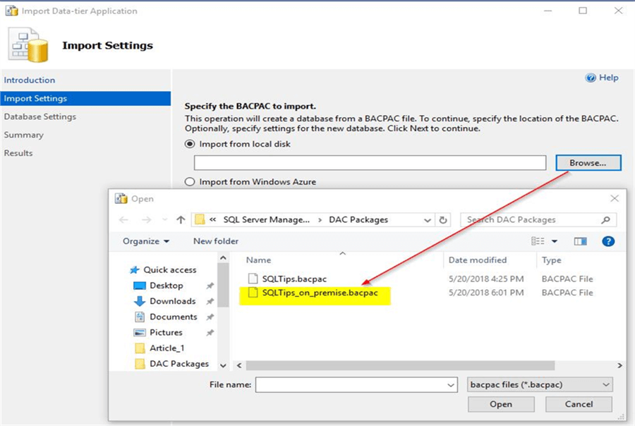 Import correct BACPAC file on Azure SQL instance
