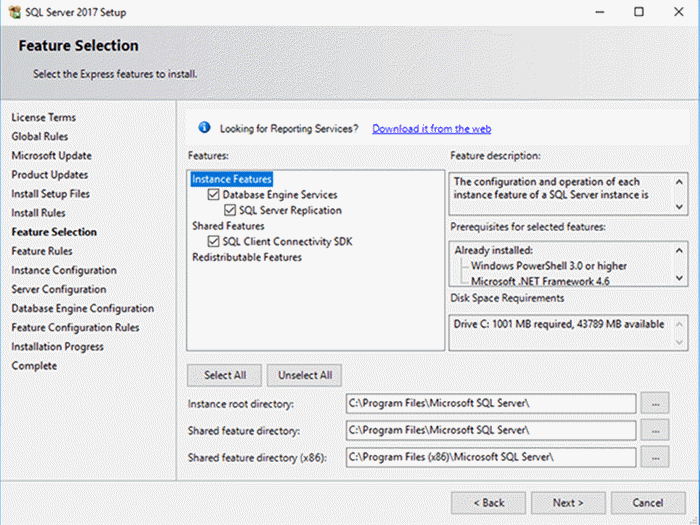 SQL Server Express Installer - Description: This are the features available on SQL Server Express.