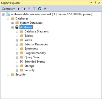Object explorer view of empty database named dbs4wwi2.