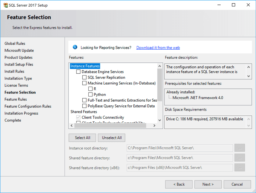SQL Server 2017 installer - Feature Selection