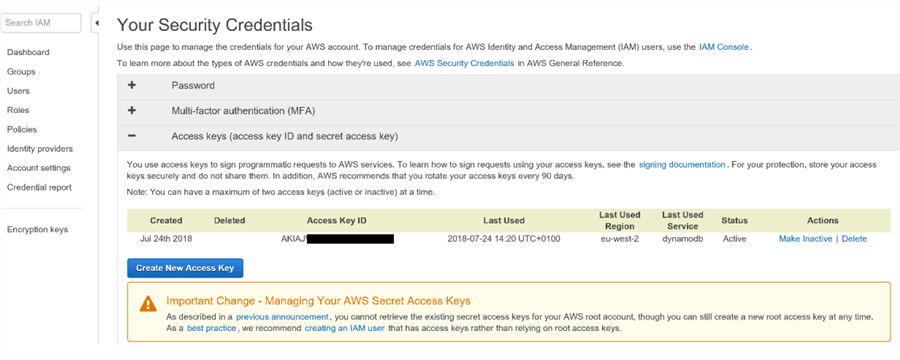 Your Security Credentials: Screenshot of how to set up an access key pair in AWS.
