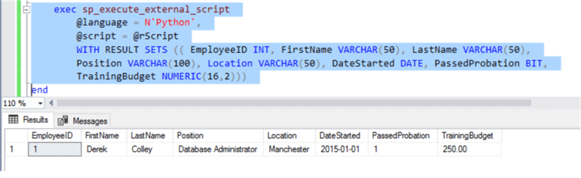Employees results:  Result set showing employees results in SQL Server.