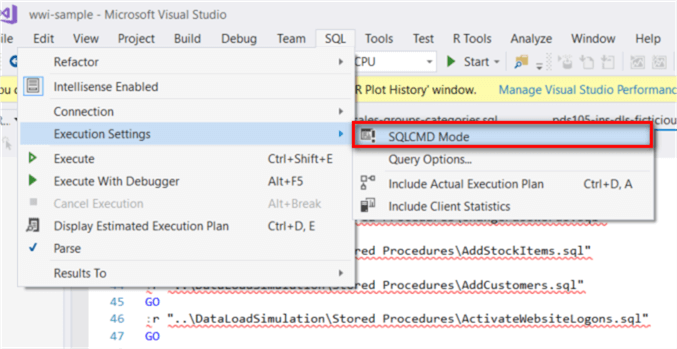 Drill down into SQL-> Executions Settings -> SQLCMD mode. We can select SQLCMD mode and the syntax errors disappear.
