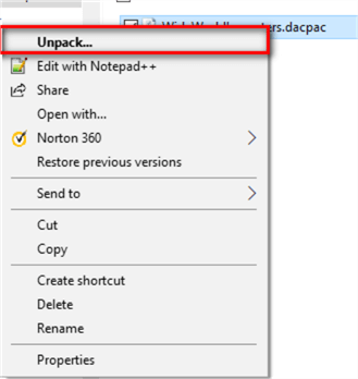 Context menu screenshot to show how to select Unpack menu item.