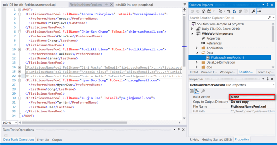 Visual window which is used to edit the XML file. The properties window of this XML indicates the build action is None.