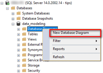 The image illustrates how to select New Database Diagram from the Object Explore panel. We first expand the database node and then right-click on Database Diagram menu. In the pop-up context window, select the menu item New Database Diagram.