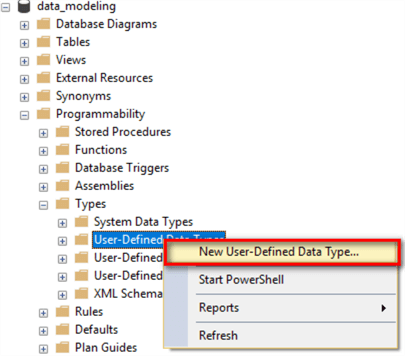 The image illustrates a process to select the New User-Defined Data Type menu item. Drill down into the menu item "Databases -> data_modeling -> Programmability -> Types -> User-Defined Data Types, then right-click on the item User-Defined Data Types, select the menu item New User-Defined Data Type in the context menu.