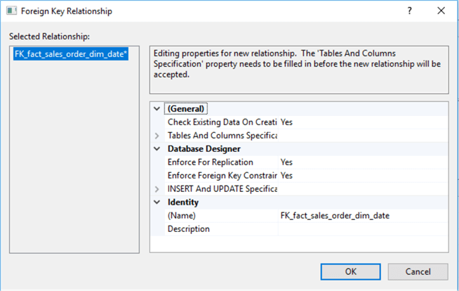 The image illustrates a new pop-up window to edit properties for new relationship. Here is a message in the window: "Tables and Columns Specification" property needs to be filled in before the new relationship will be accepted. But this is not import one at this step.