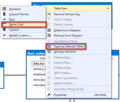 The image illustrates a process how to find the Name Only and Autosize Selected Tables menu items.