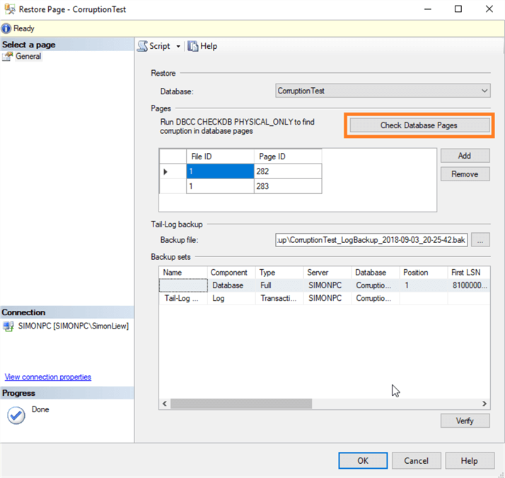 Perform database integrity checks from Restore Page