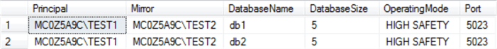 sql server result set for database mirroring status