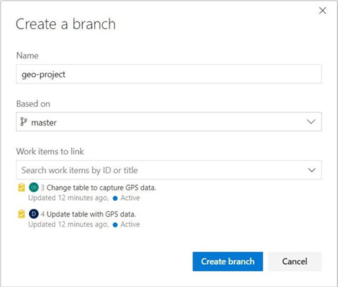 Use the Repos, Create Branch menu to assign several work items to a new feature branch.