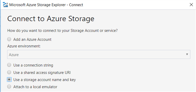 storage account name and key option
