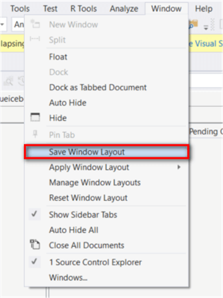 The screenshot shows how to save window layout. Click the pull-down menu Window and select the Save Window Layout.