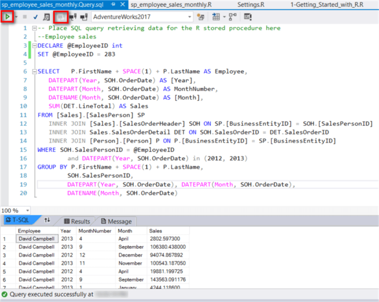 The screenshot shows the SQL query codes and execution results.