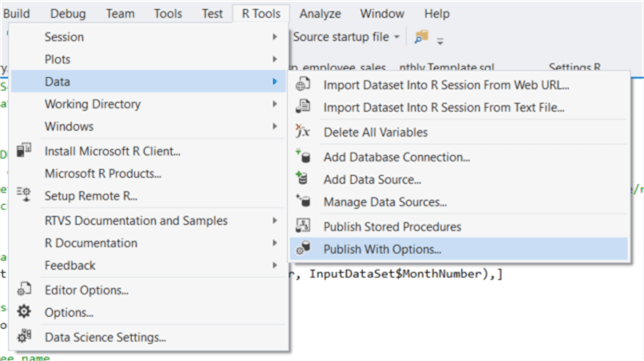 The screenshot shows how to publish the SQL stored procedure. Click the pull-down menu R Tools and select the Data -> Publish With Options.