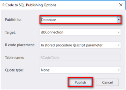 The screenshot shows a pop-up window to configure the SQL publishing Options.