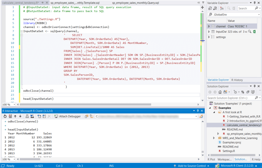 The screenshot shows codes and execution results of the new created R file.
