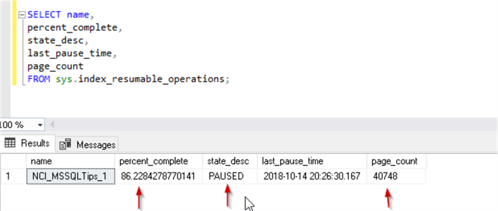 View the status of resumable index in SQL Server 2019