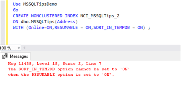 Error if we use SORT_IN_TEMPDB option for resumable index.