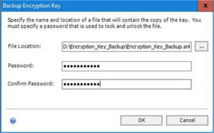 Specify the Location and the Password of the Encryption Key.