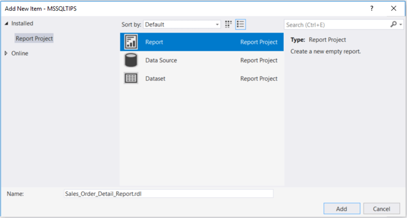 The screenshot demonstrates a dialog in which we can select a report item to create a report.
