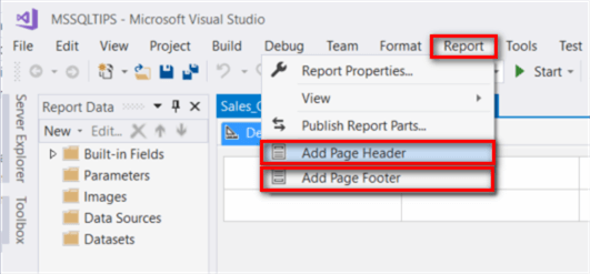 The screenshot shows the pull-down list of the Report menu in the tool bar. We can select the Add Page Header and Add Page Footer commands form the pull-down list.