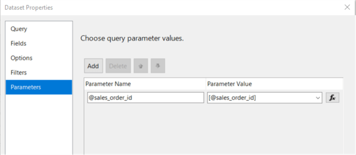 The screenshot shows the Parameter tab in the Dataset Properties dialog, in which we can see the mapping between the report parameters and stored procedure parameters.