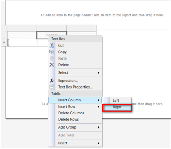 The screenshot demonstrates how to select the Insert Column item from the context menu.