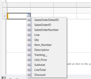 The screenshot shows the field selector, in which we can select a field from the associated dataset.
