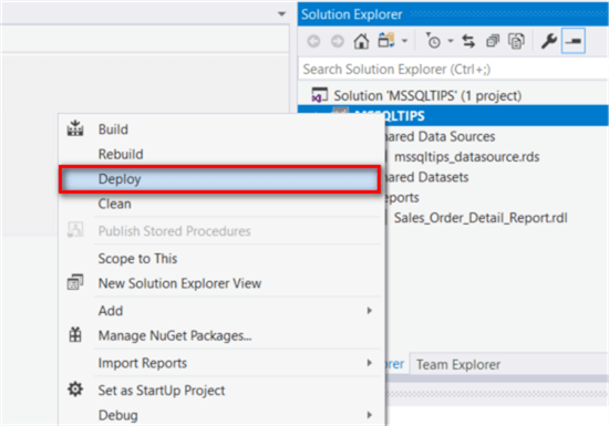 The screenshot demonstrates how to deploy the report project through Visual Studio 2017.