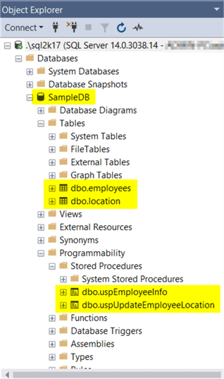 Screenshot of the sample database with its tables and stored procedures that will be used in this tip