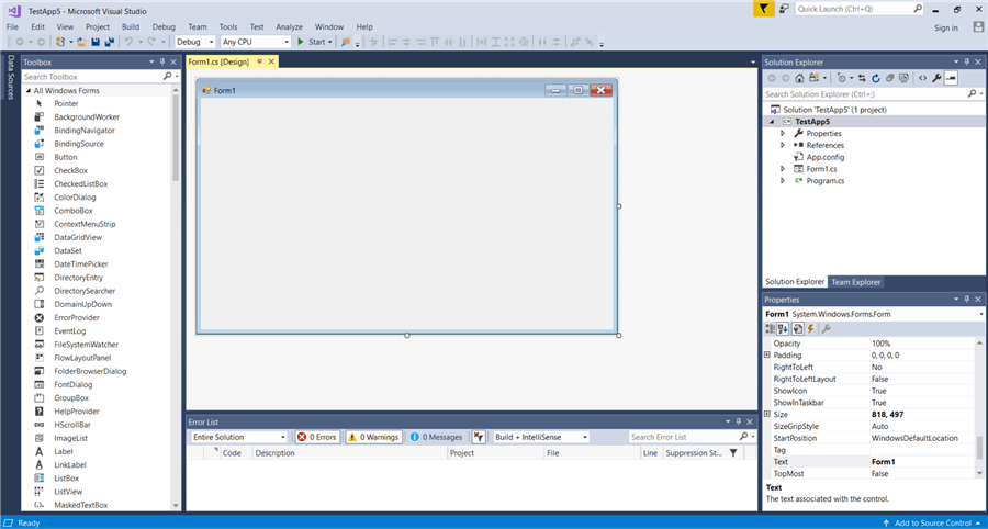 Workspace for Windows Forms project in Visual Studio.