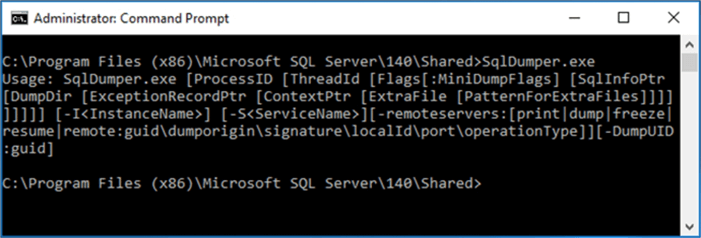 This is the basic help you will get from executing SqlDumper.exe without any parameters.