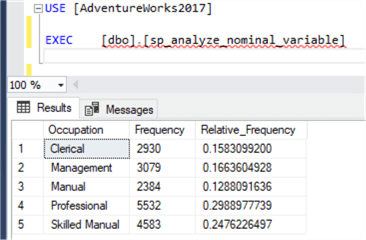 A screenshot of the result of a stored procedure in the SSMS window.