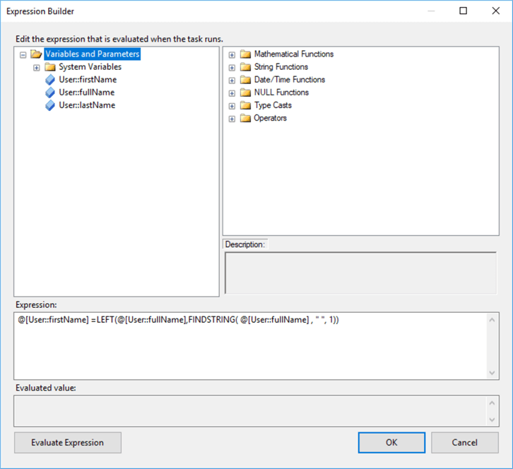 SSIS expression to separate 2 words separate by spaces.