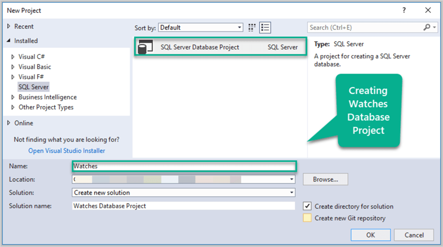 Creating Watches SQL database project in Visual Studio.