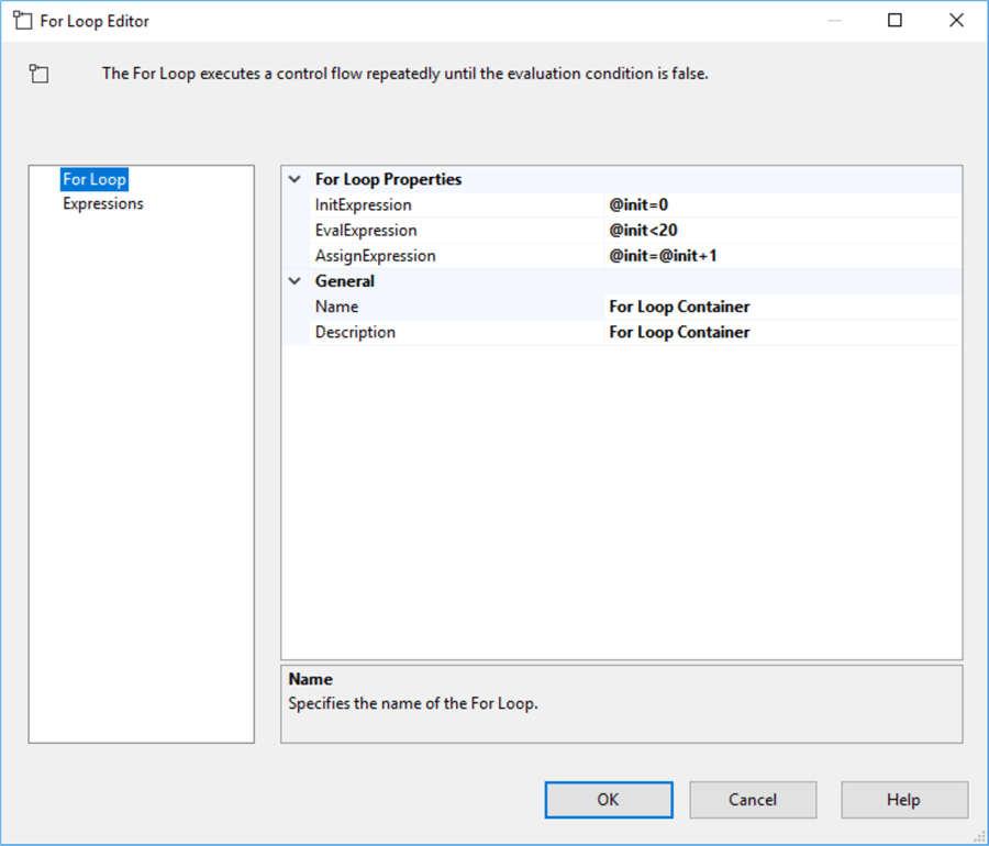 For loop configuration in SSIS