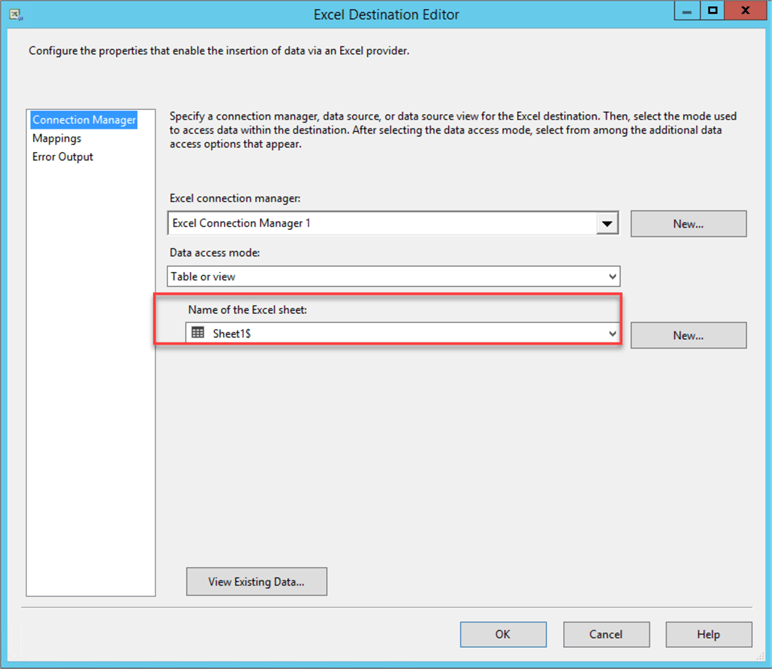 SSIS Excel Destination Editor - specify the Name of the Excel Sheet