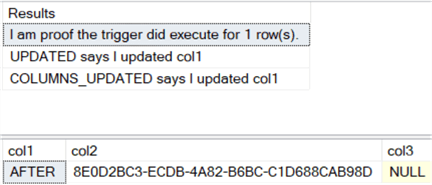 The results show that both UPDATED and COLUMNS_UPDATED report all that only col1 was updated. 