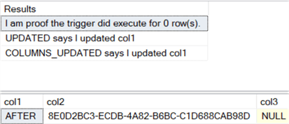 The results show that the trigger still executed even though no rows were affected by the statement.  Also, both UPDATED and COLUMNS_UPDATED report all that only col1 was updated. 