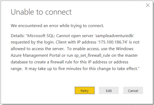 This image shows the error which is prompted on connecting Power BI to Azure