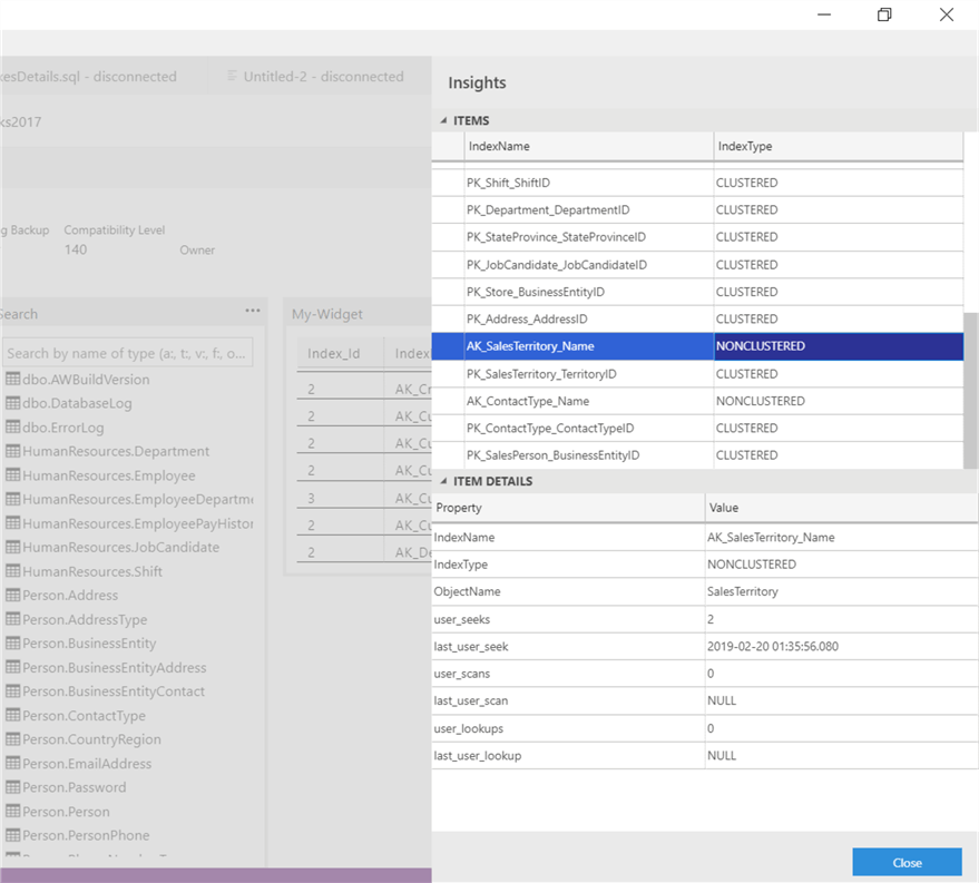 NonClustered index details insights in Azure Data Studio.