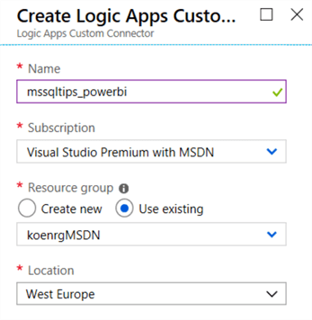 create a new connector, specify a name, subscription, resource group and location