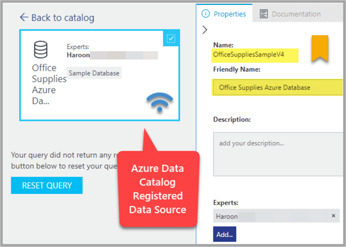 Data Source registered with Azure Data Catalog