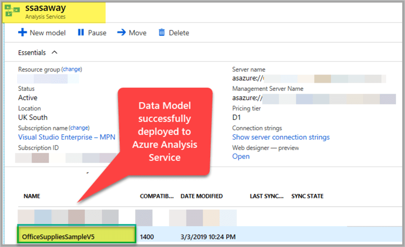 Data Model deployed successfully on Azure Analysis Services