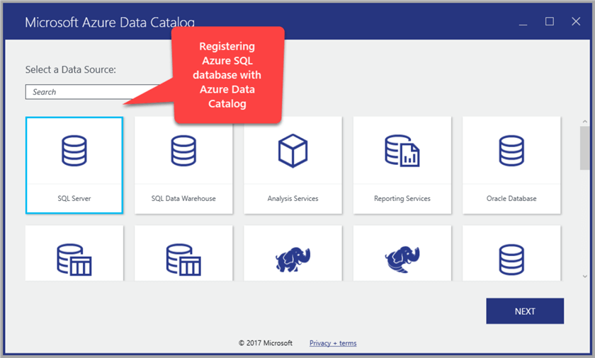 Registering Azure SQL database with Azure Data Catalog