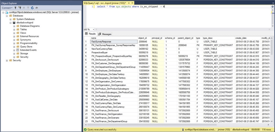 SSMS - Object Explorer & Query Window - The newest project objects are now deployed to the Azure SQL database.